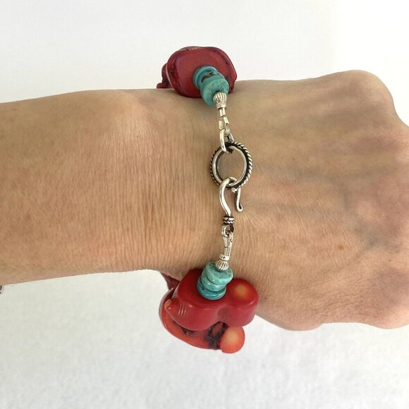 VTG Southwest Chunky Red Coral & Heishi Turquoise Beaded Bracelet Fits 7" Wrist - Picture 7 of 16